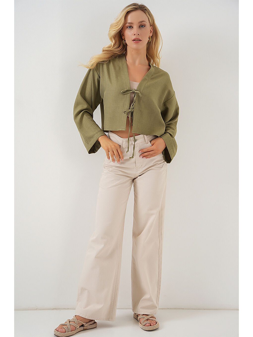 Yeşil Önü Bağlamalı Keten Kimono 960 - Çağla-1