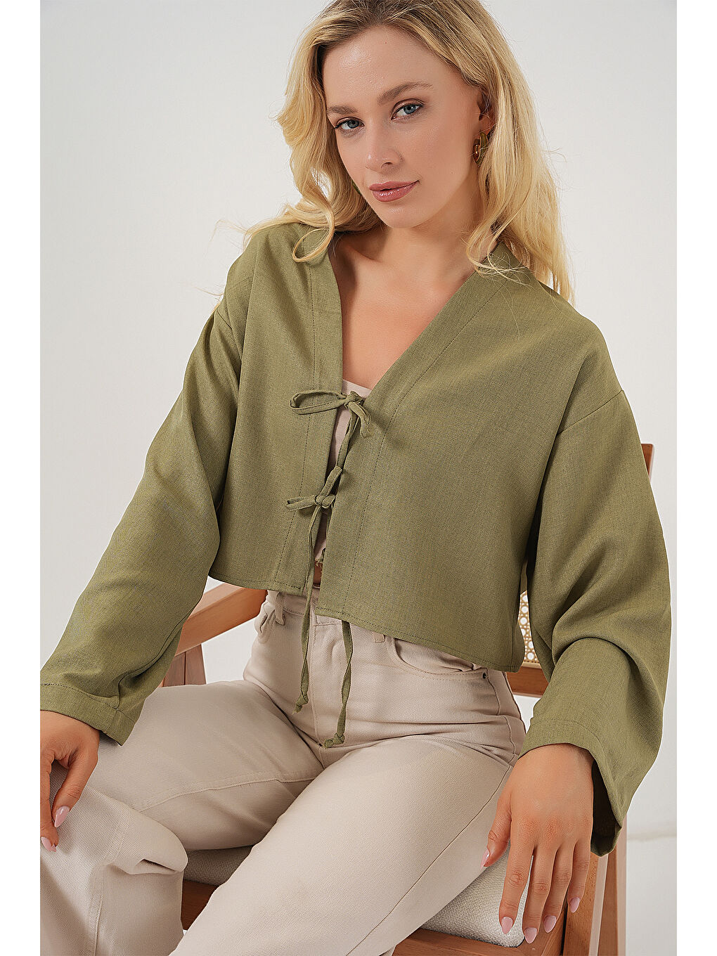 Yeşil Önü Bağlamalı Keten Kimono 960 - Çağla-2