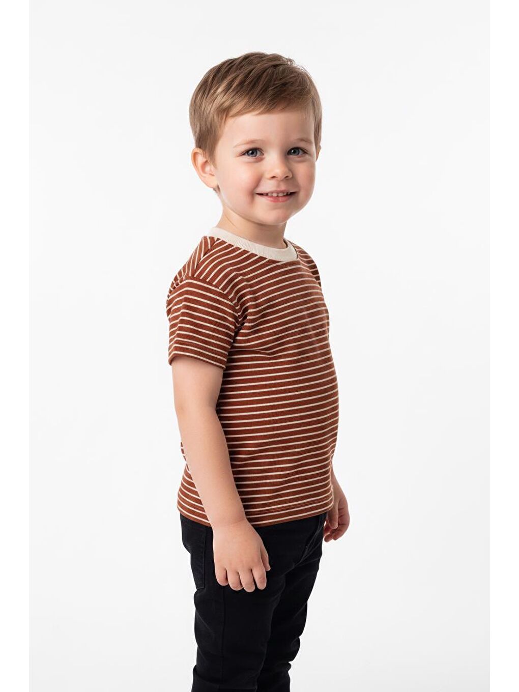 Kahverengi Elastanlı Kabartma Çizgili 2li Tişört Paket-4