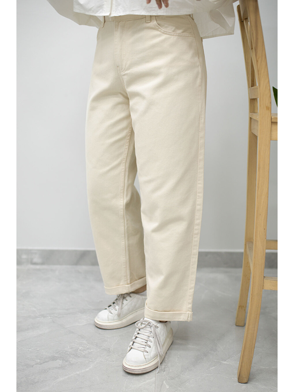 Paçası Katlamalı Mom Pantolon Tsd260211 Bej-4