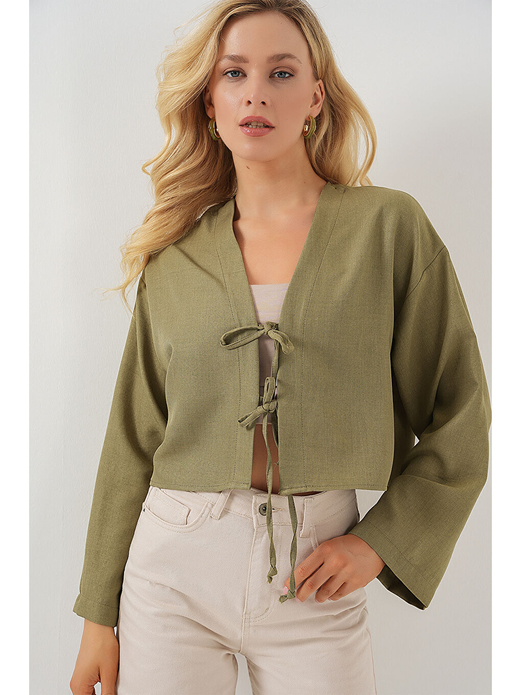 Yeşil Önü Bağlamalı Keten Kimono 960 - Çağla-3