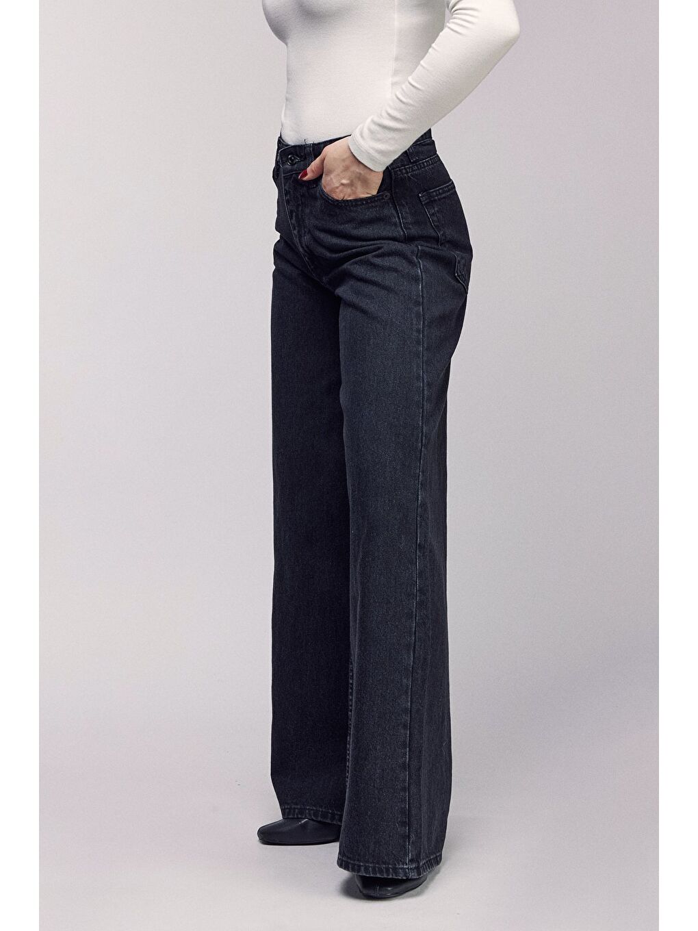 Siyah Kadın Yüksek Bel Wide Leg Bol Paça Jean Pantolon - '90 Vintage-1