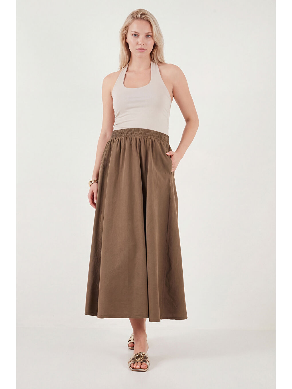 Kahverengi Modest Pamuklu Relaxed Fit Lastikli Bel Tesettür Midi Etek 668YE4449-2