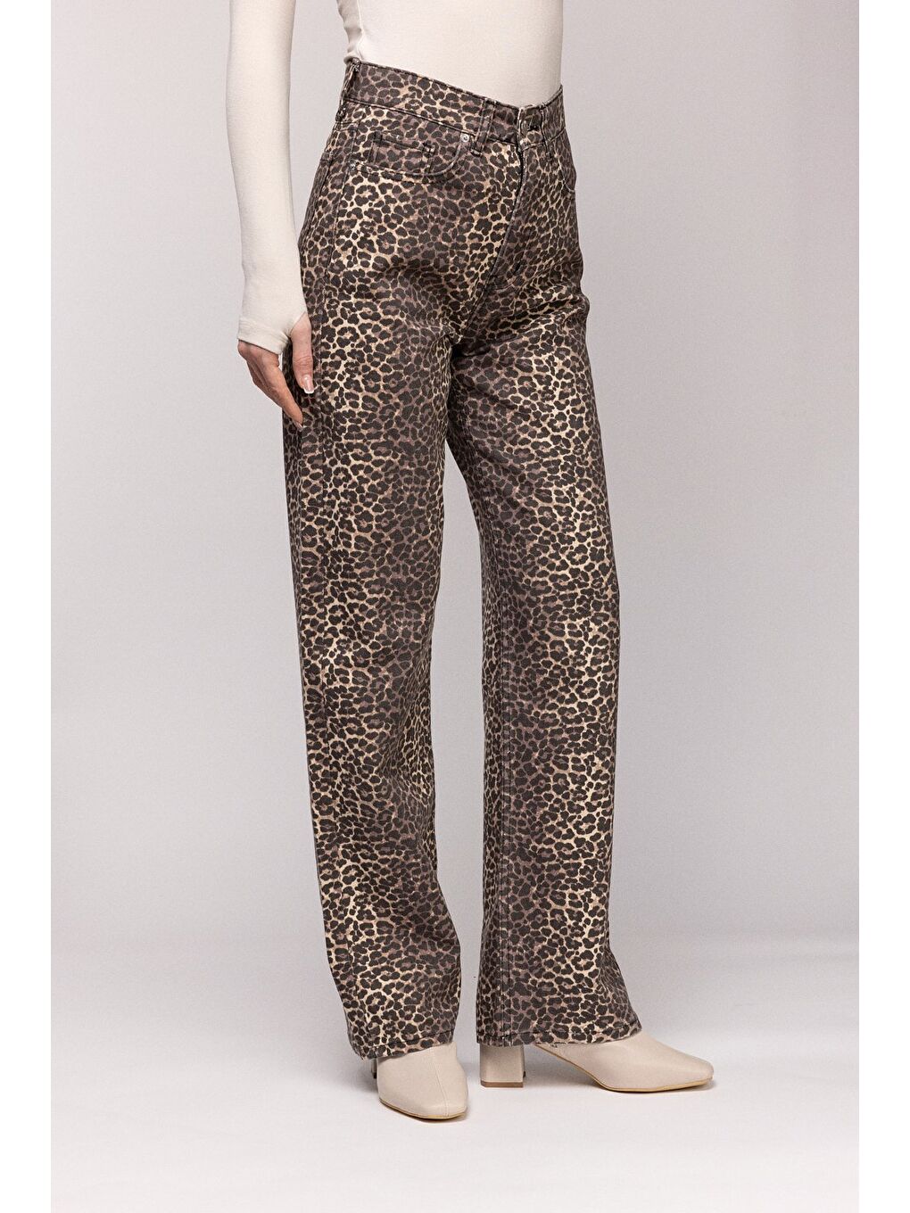 Siyah Kadın Leopar Desenli Yüksek Bel Wide Leg Jean Pantolon - Wild Look-2