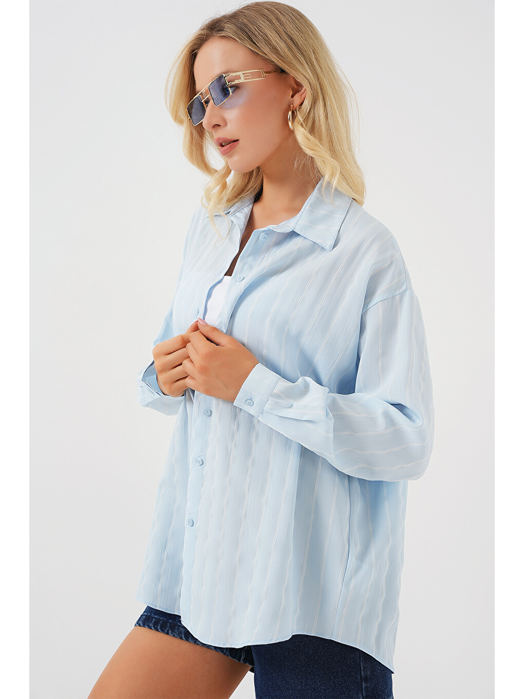 Kadın Çzigili Oversize Gömlek 20293 - Mavi-3