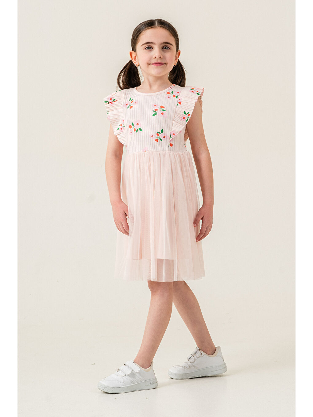 Pembe Kız Çocuk 2-7 Yaş Çiçek Desenli Tüllü Elbise Pudra 009-1
