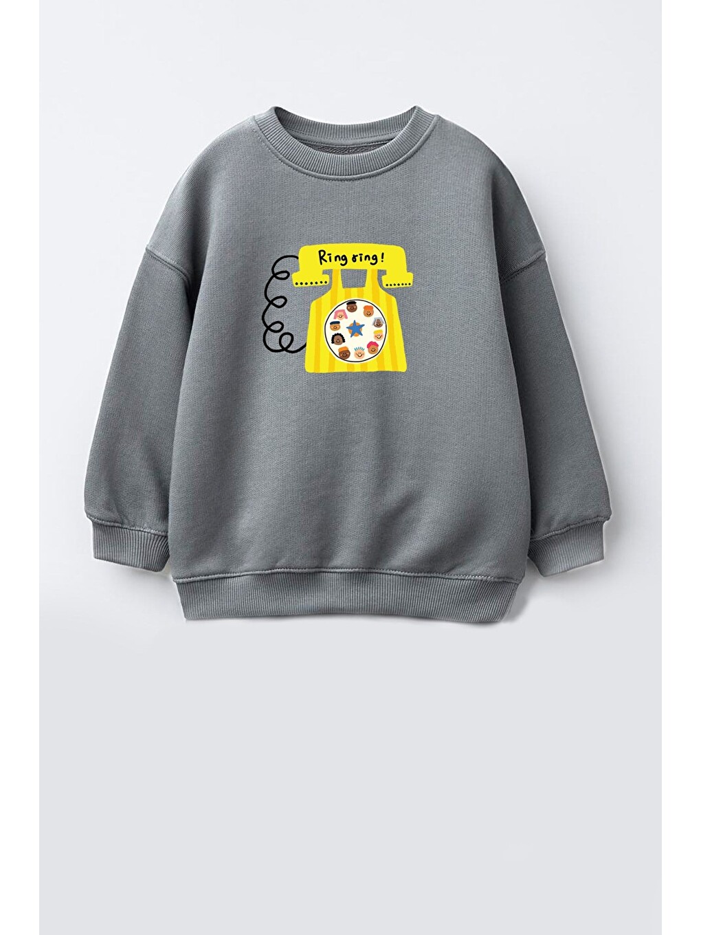 Antrasit Unisex Çocuk Telefon Baskılı 3 İplik Kumaş Pamuklu Sweatshirt