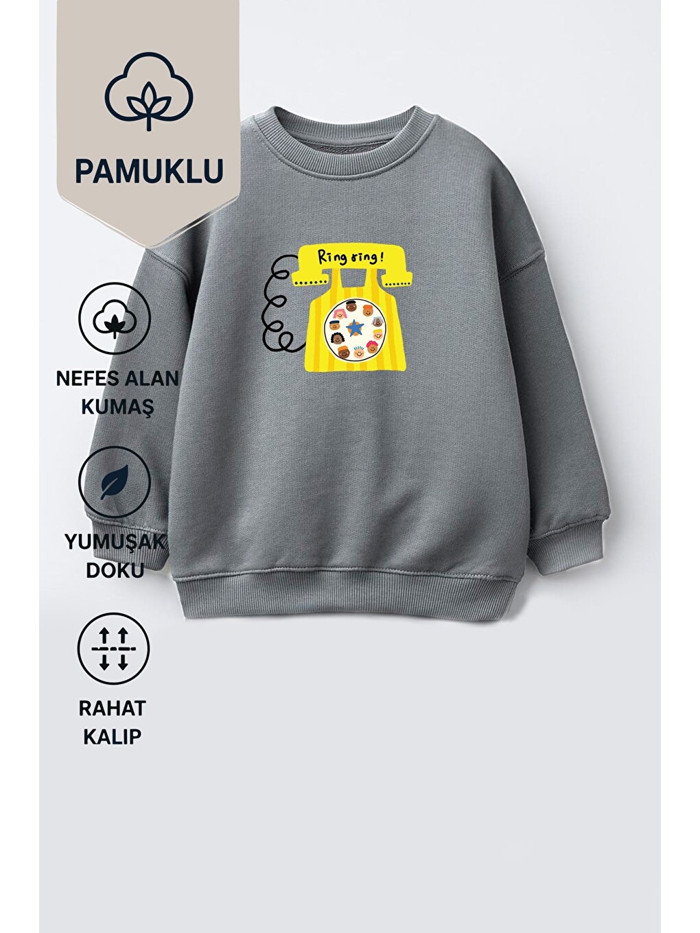 Antrasit Unisex Çocuk Telefon Baskılı 3 İplik Kumaş Pamuklu Sweatshirt-1