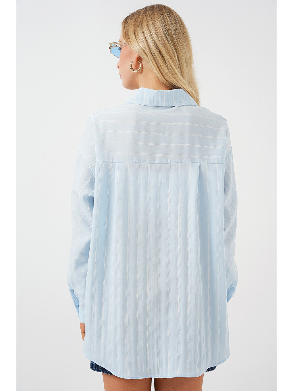 Kadın Çzigili Oversize Gömlek 20293 - Mavi-5