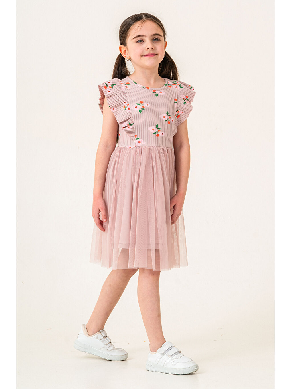 Kız Çocuk 2-7 Yaş Çiçek Desenli Tüllü Elbise Lila 009-2