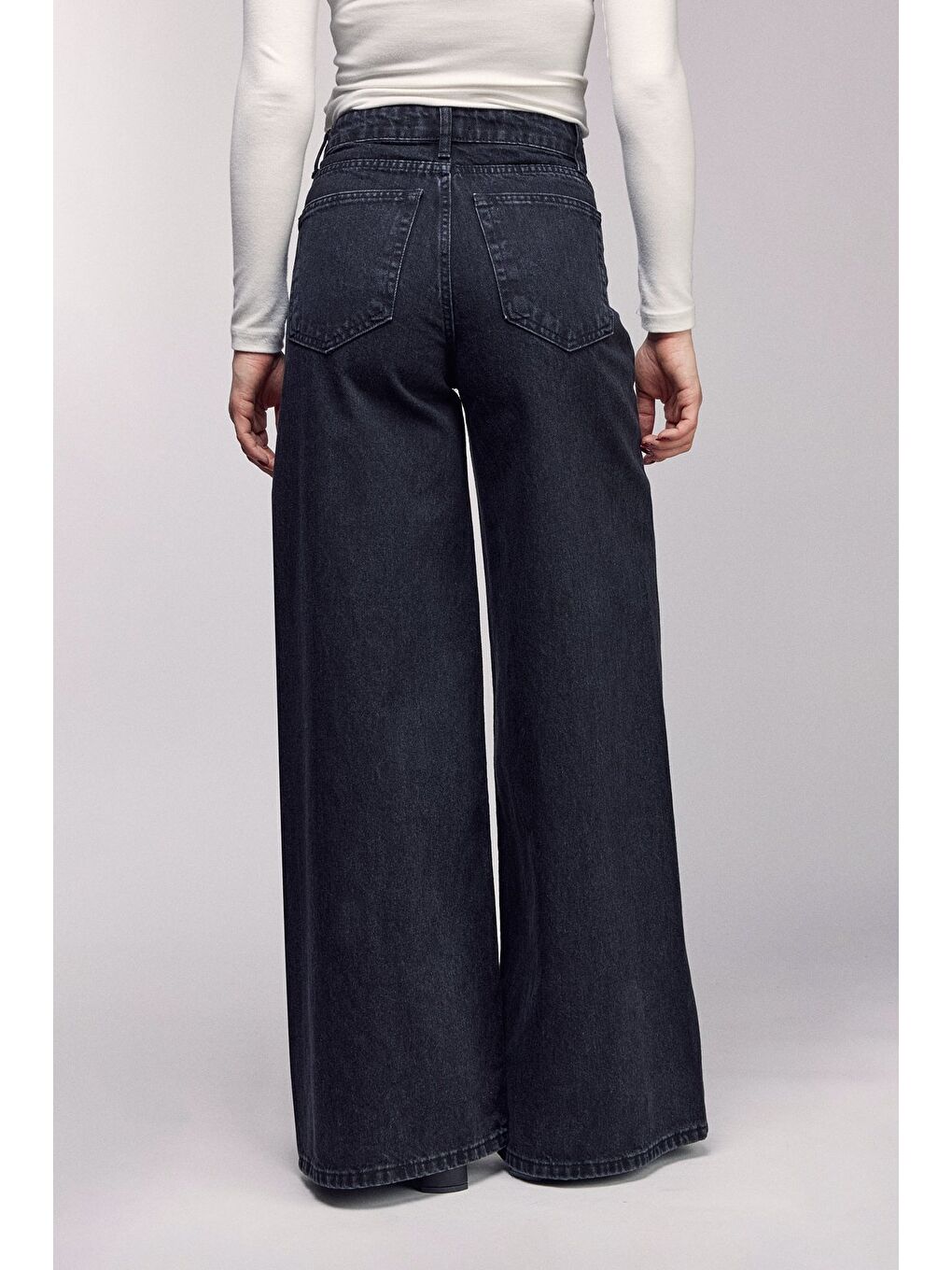 Siyah Kadın Yüksek Bel Wide Leg Bol Paça Jean Pantolon - '90 Vintage-2