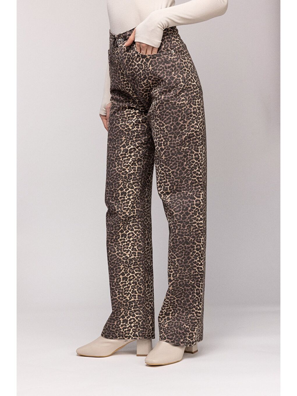 Siyah Kadın Leopar Desenli Yüksek Bel Wide Leg Jean Pantolon - Wild Look-3