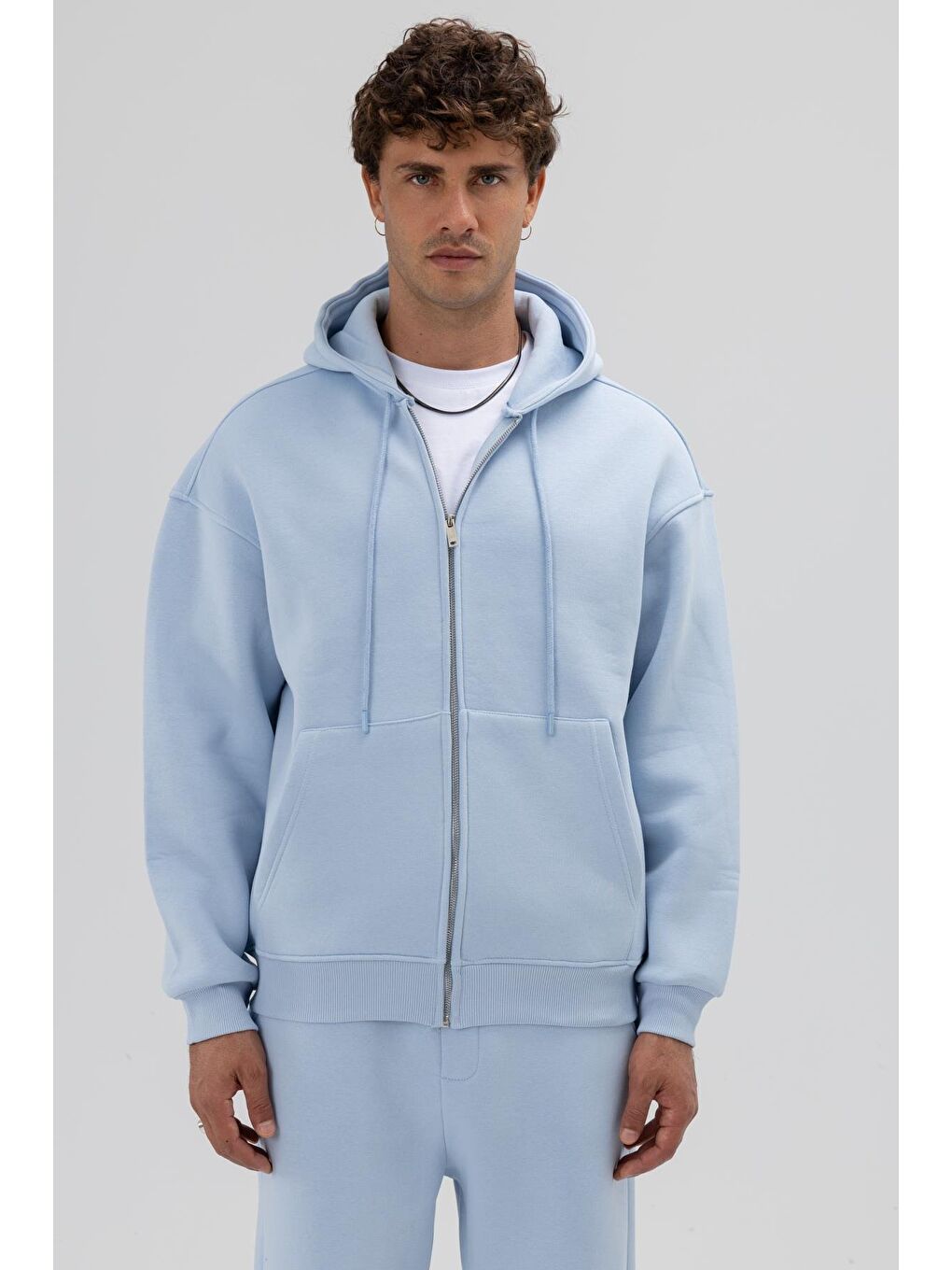 Basic Fermuarlı Oversize Kapüşonlu Sweatshirt Bebe Mavi-1