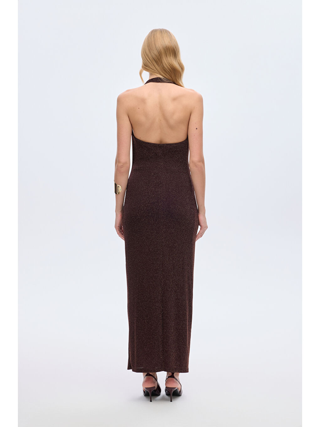 Simli Drape Yaka Midi Elbise Kahverengi-5