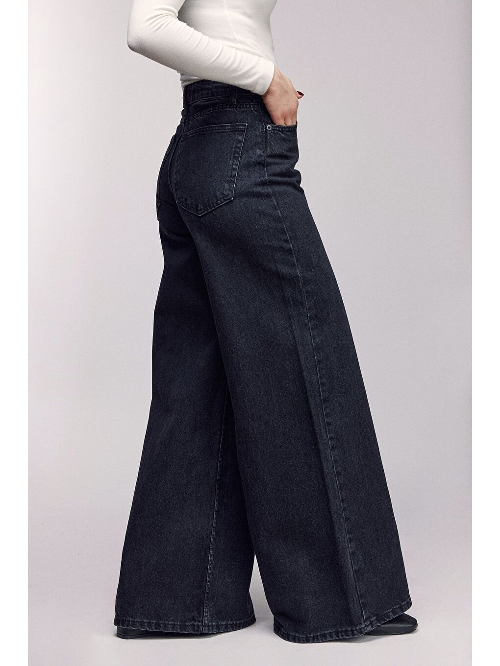 Siyah Kadın Yüksek Bel Wide Leg Bol Paça Jean Pantolon - '90 Vintage-3
