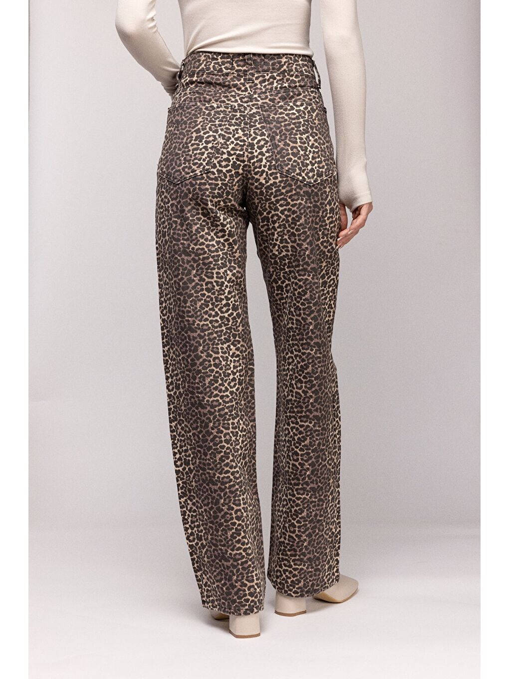 Siyah Kadın Leopar Desenli Yüksek Bel Wide Leg Jean Pantolon - Wild Look-4