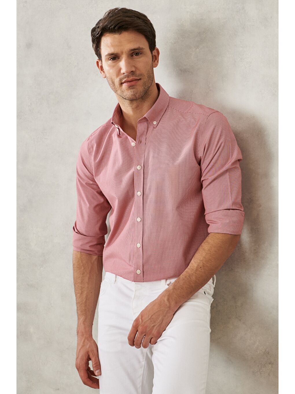 Erkek Kırmızı Slim Fit Dar Kesim Oxford Düğmeli Yaka Pötikareli Pamuklu Gömlek-2