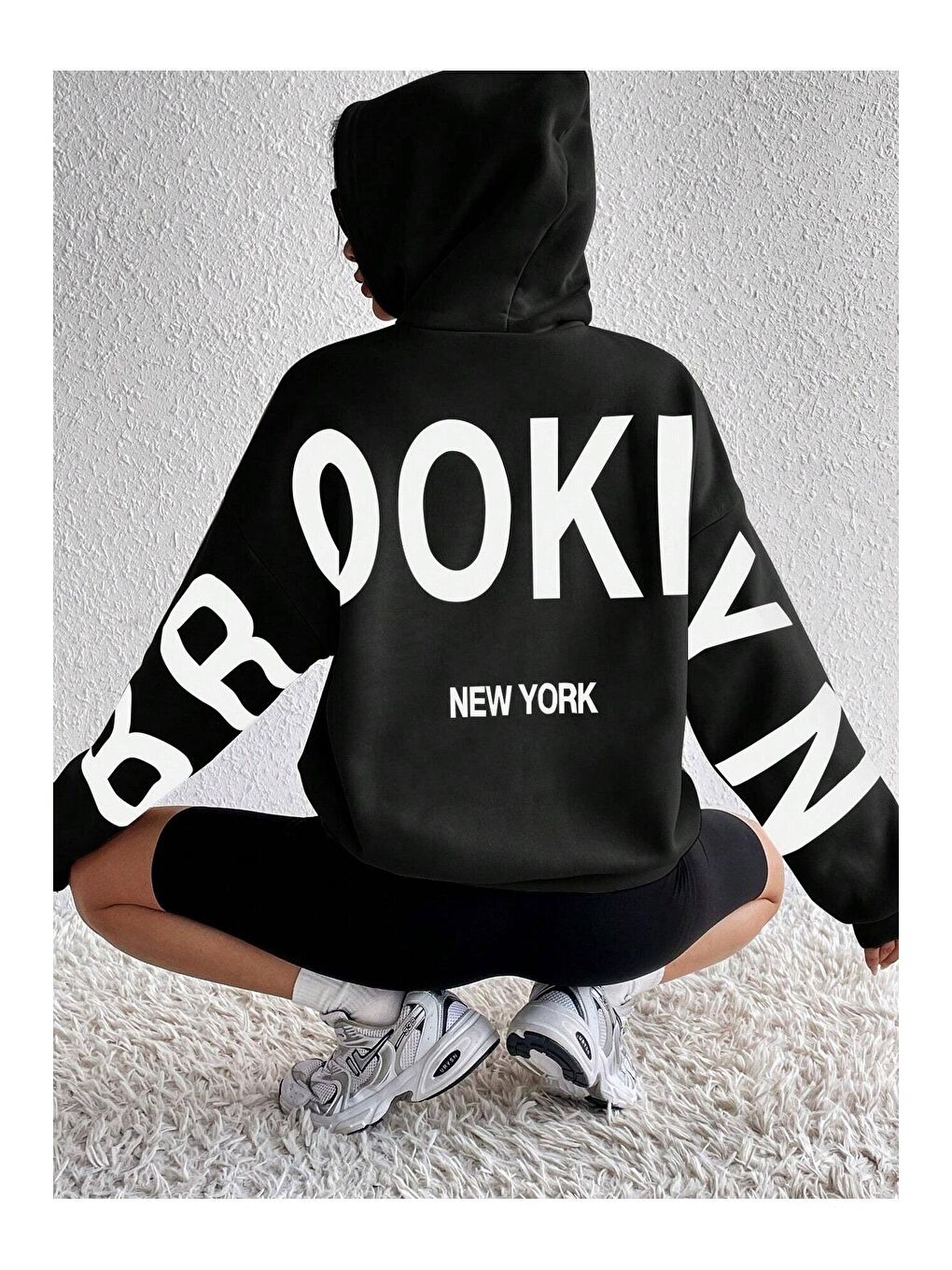 Kadın Siyah Kolları Brooklyn New York Baskılı Oversize Kapüşonlu Sweatshirt Hoodie