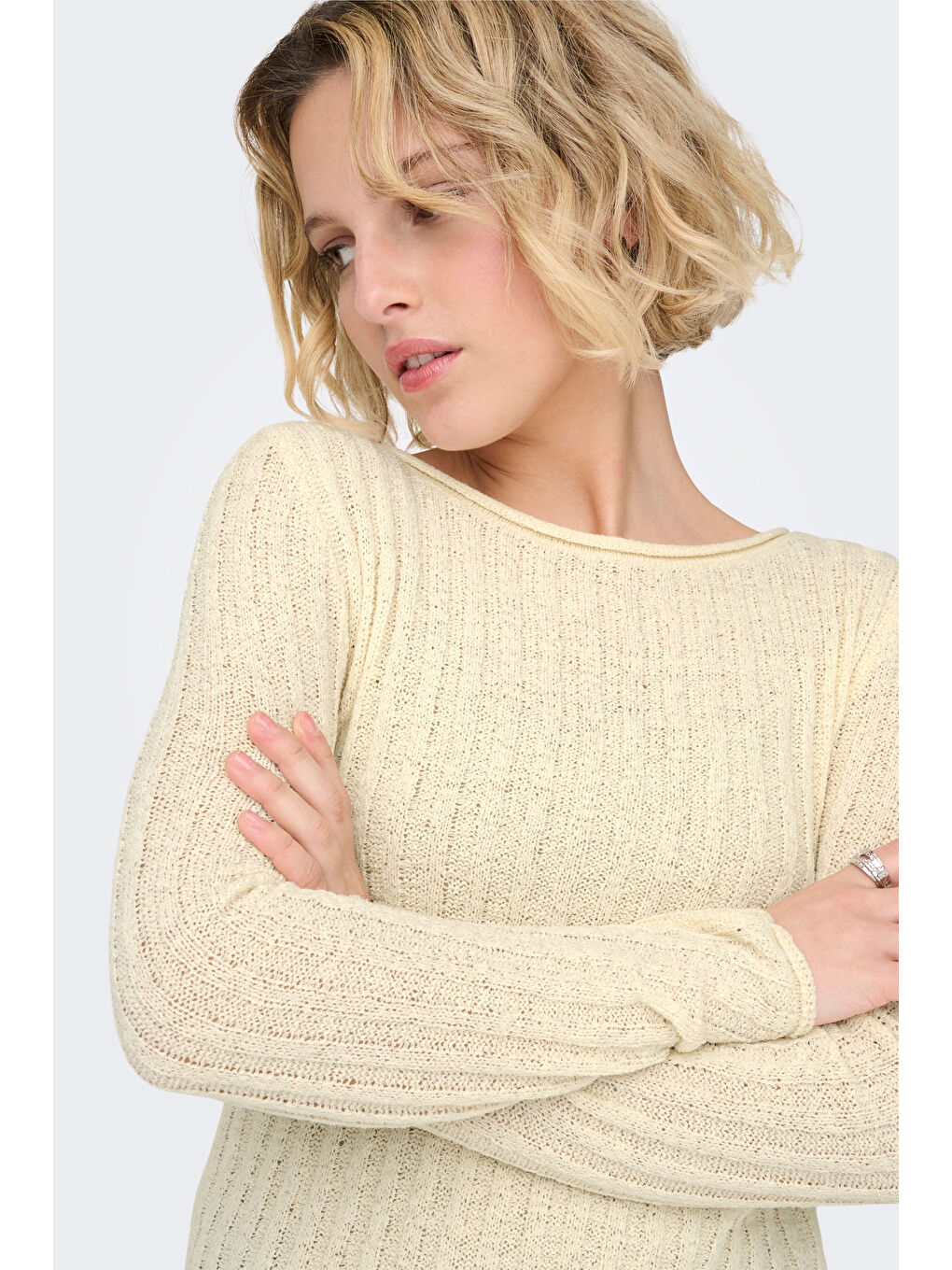 Ekru Onlpamela Slim Fit Bisiklet Yaka Örme Kadın Kazak 15363061-3