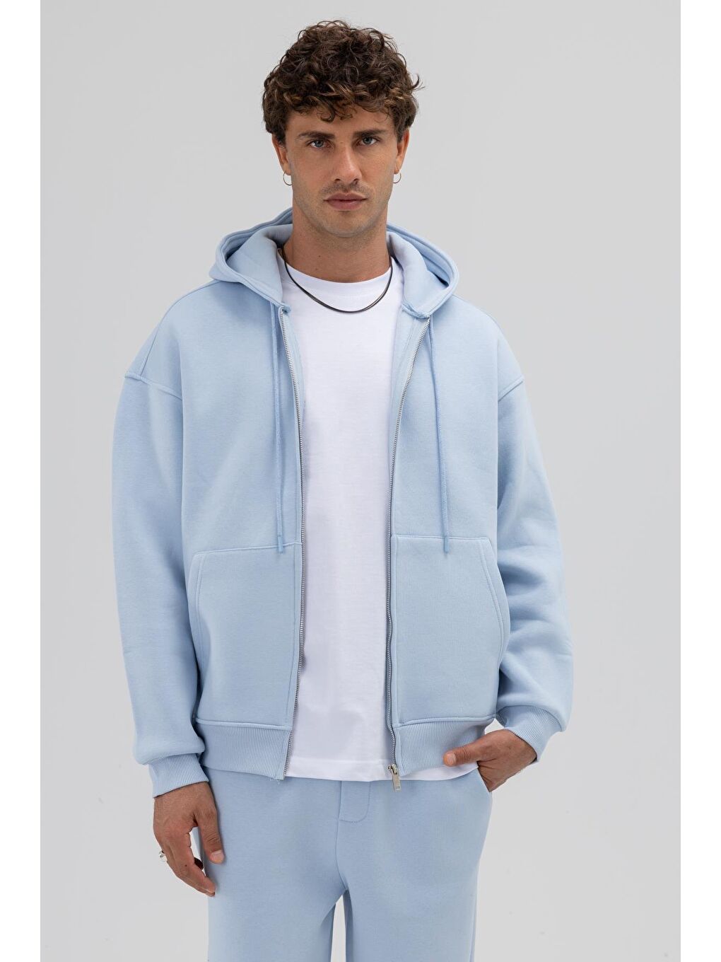 Basic Fermuarlı Oversize Kapüşonlu Sweatshirt Bebe Mavi-6