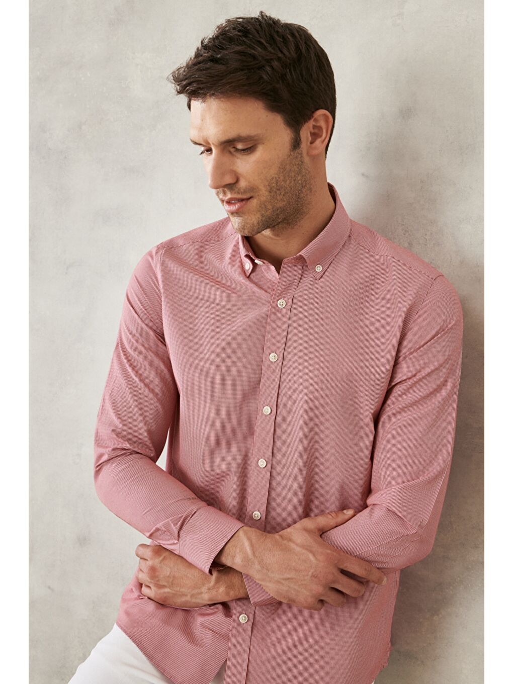 Erkek Kırmızı Slim Fit Dar Kesim Oxford Düğmeli Yaka Pötikareli Pamuklu Gömlek-3