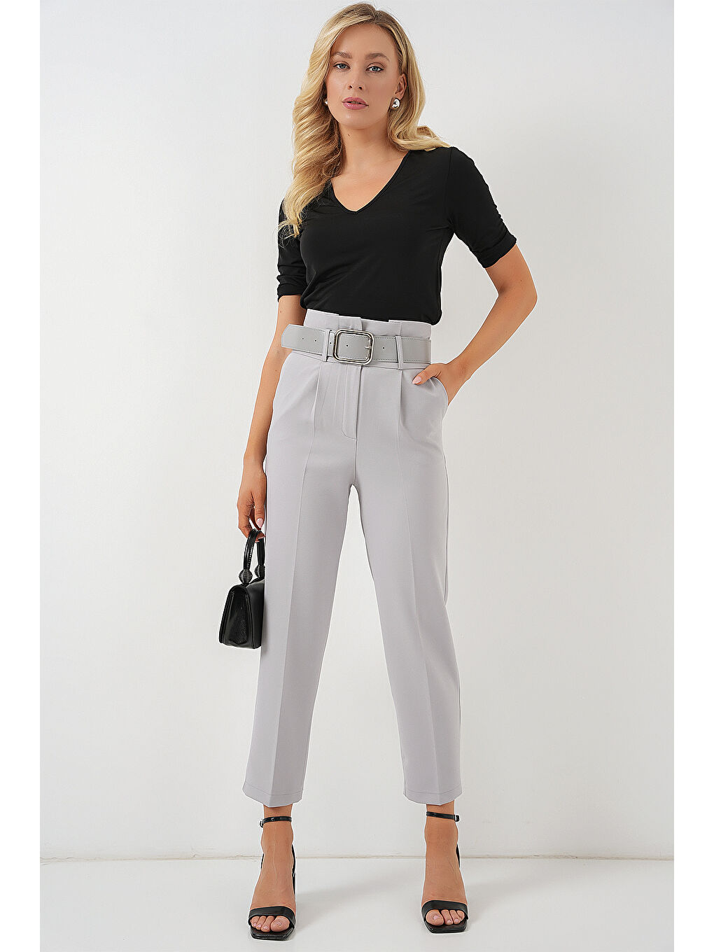 6556 Kemerli Kumaş Pantolon - Gri-2