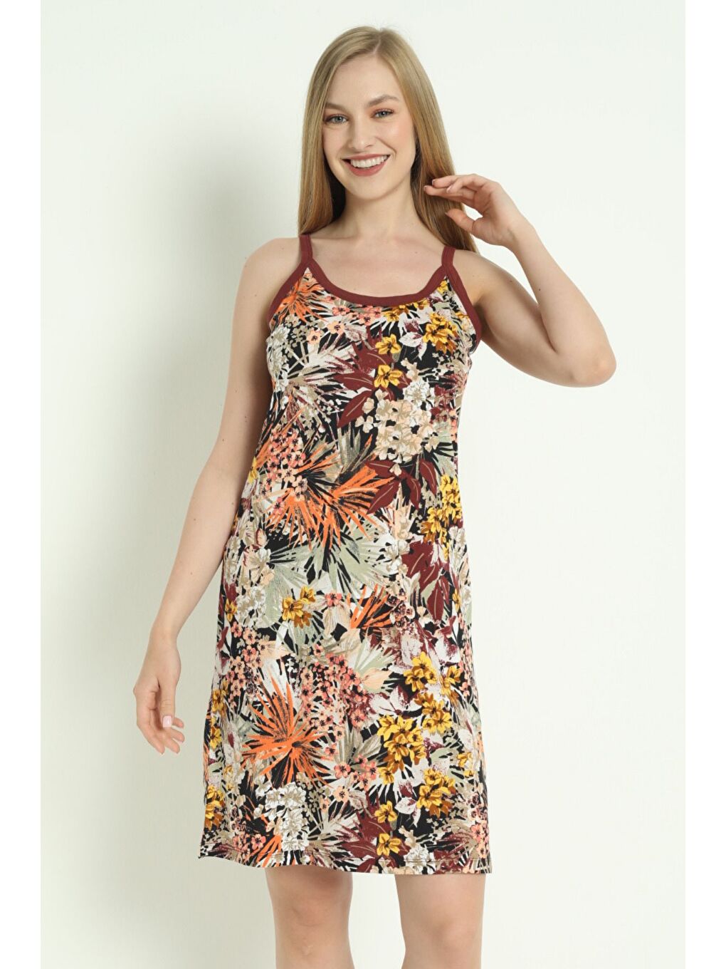 Karışık Desenli Biyeli Askılı %100 Pamuk Yazlık Elbise