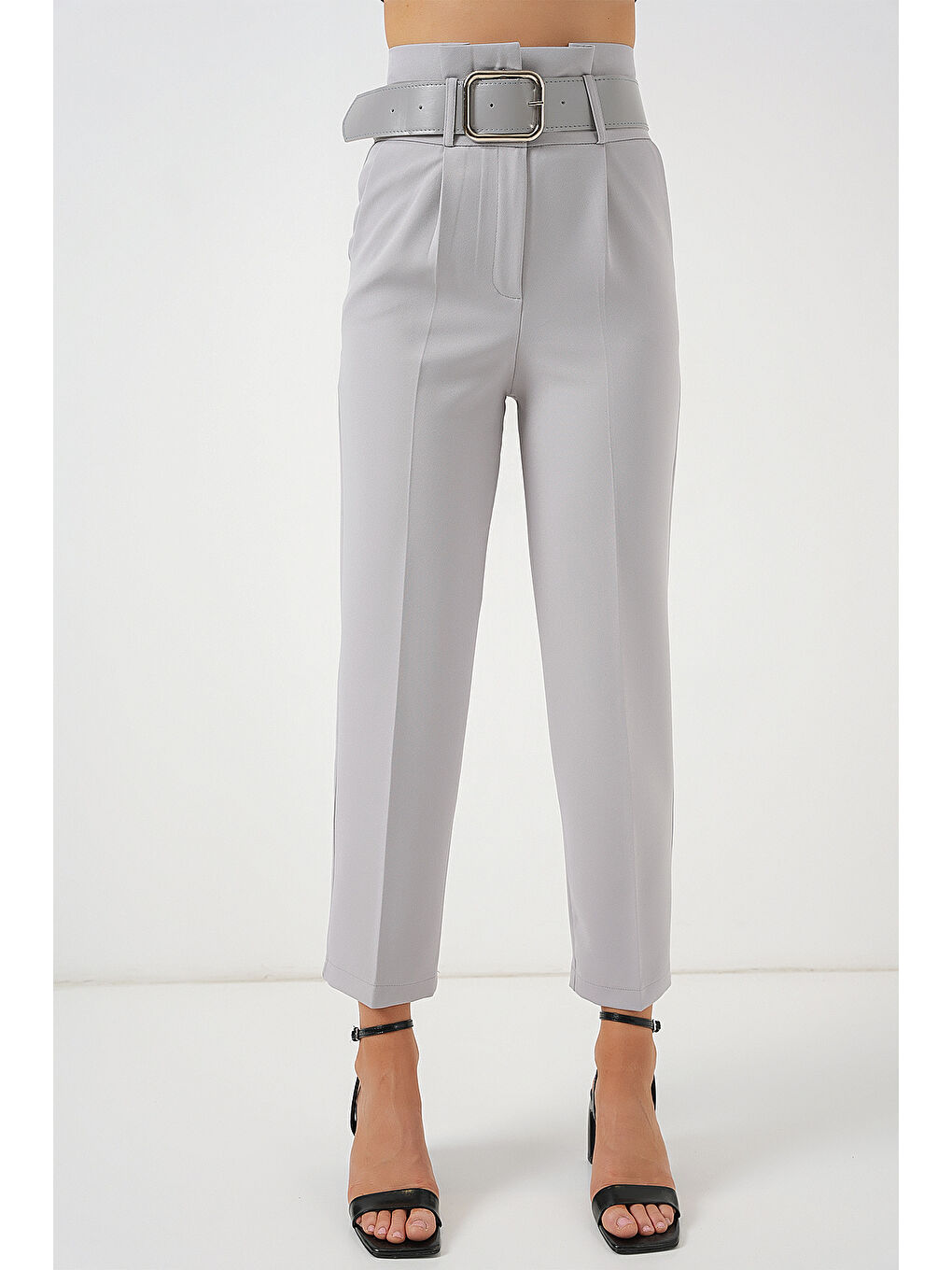 6556 Kemerli Kumaş Pantolon - Gri-3