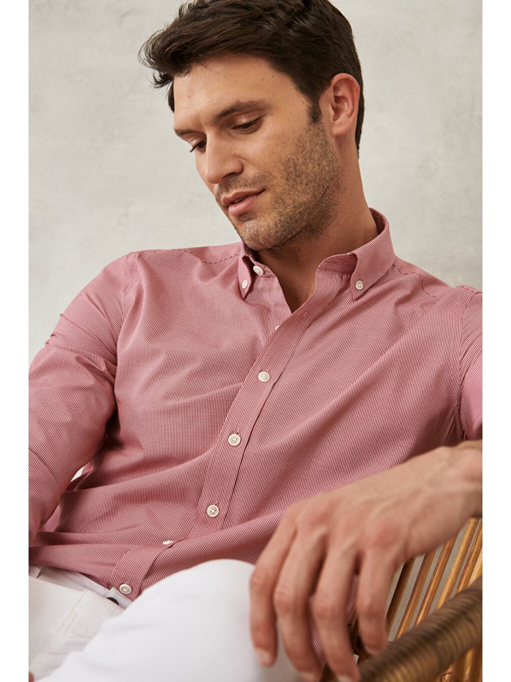 Erkek Kırmızı Slim Fit Dar Kesim Oxford Düğmeli Yaka Pötikareli Pamuklu Gömlek-4