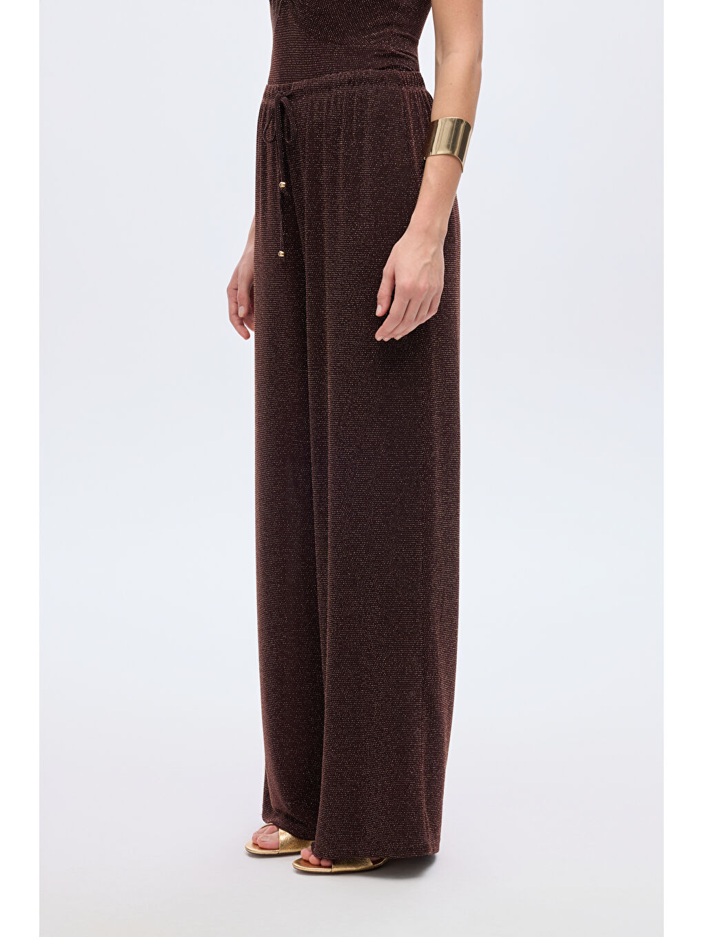Simli Beli Bağcıklı Bol Paça Pantolon Kahverengi-3