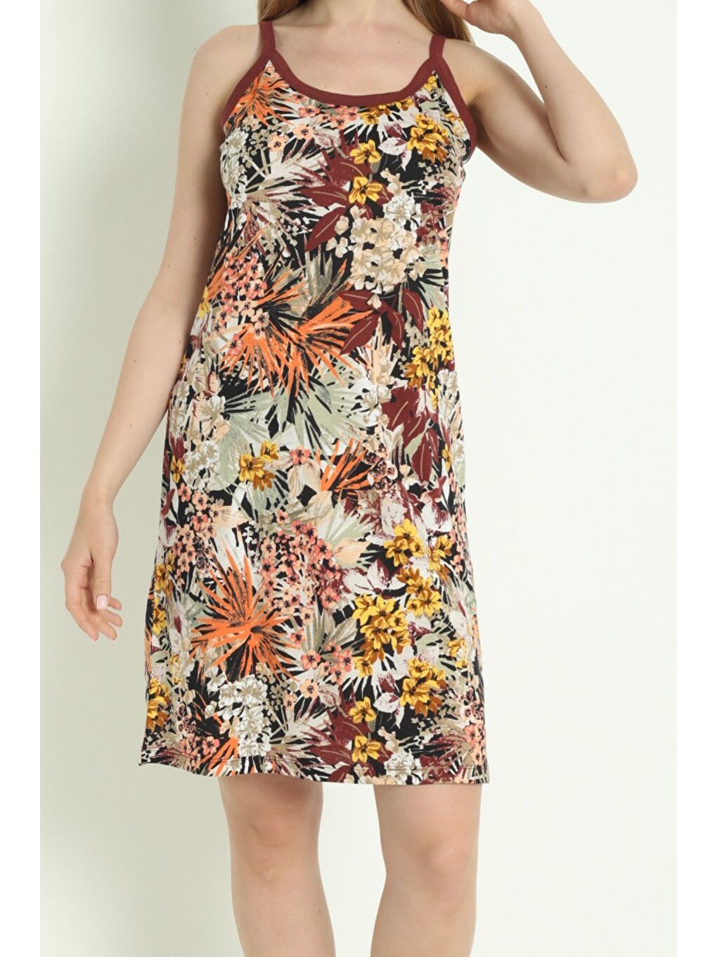 Karışık Desenli Biyeli Askılı %100 Pamuk Yazlık Elbise-1