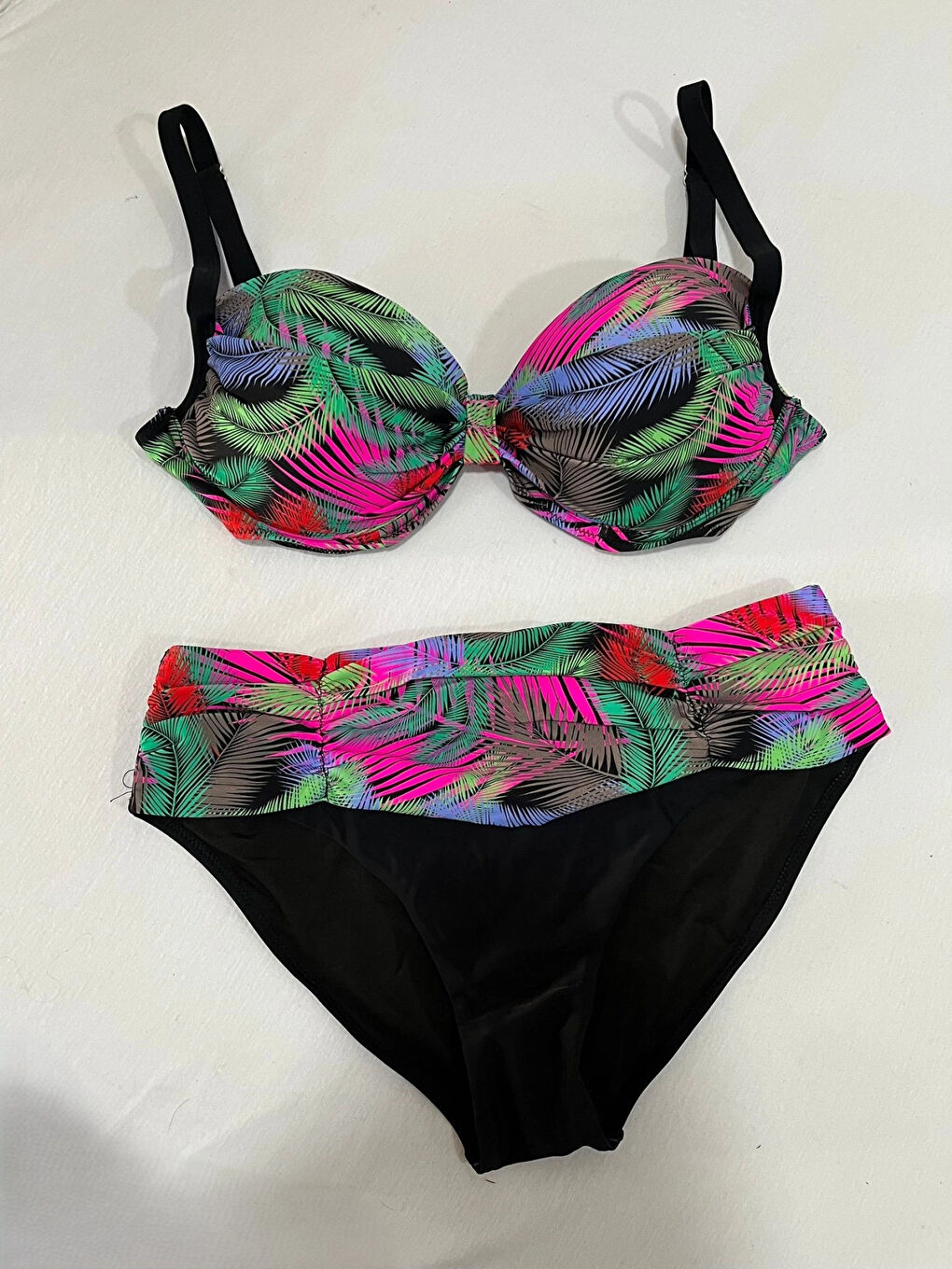 Kadın Siyah Çok Renk Desenli Astarlı Büyük Beden Bikini Takımı HZL25S-LC06-1