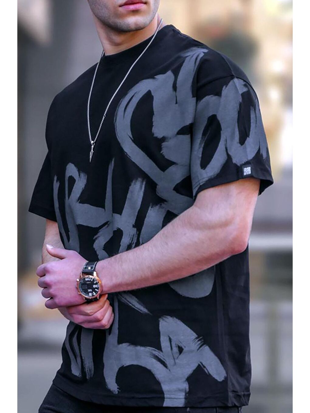 Erkek Siyah Overfit  Desenli %100 Pamuk Tişört 5811-2