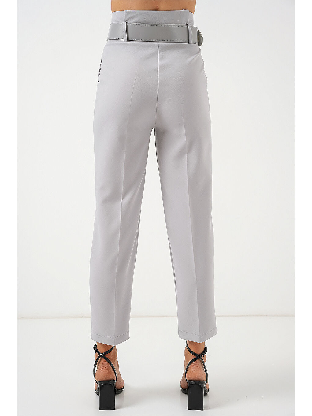 6556 Kemerli Kumaş Pantolon - Gri-5