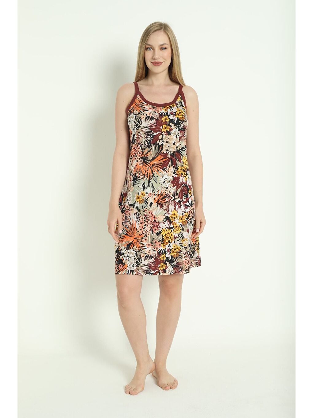 Karışık Desenli Biyeli Askılı %100 Pamuk Yazlık Elbise-3