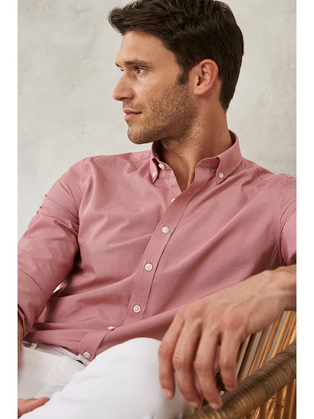 Erkek Kırmızı Slim Fit Dar Kesim Oxford Düğmeli Yaka Pötikareli Pamuklu Gömlek-5