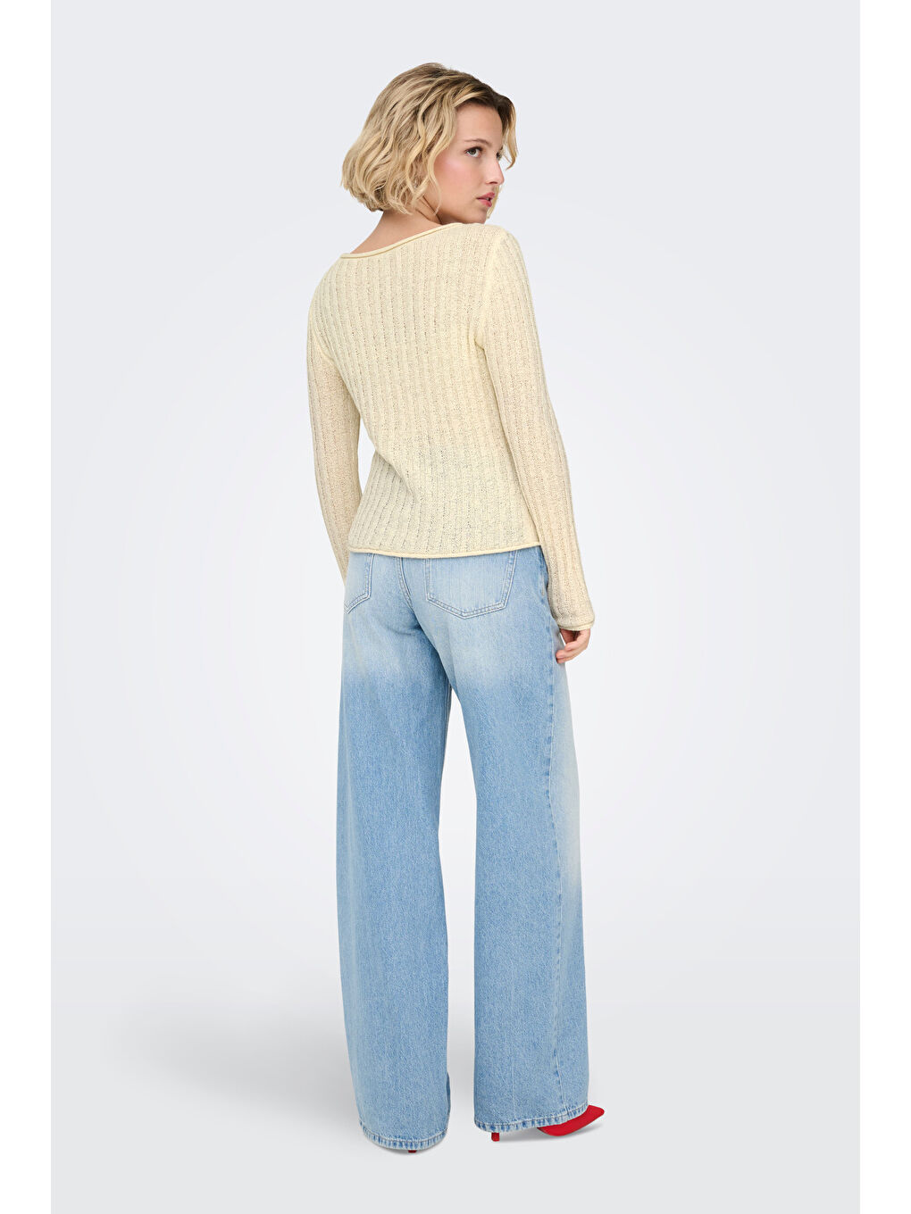 Ekru Onlpamela Slim Fit Bisiklet Yaka Örme Kadın Kazak 15363061-4