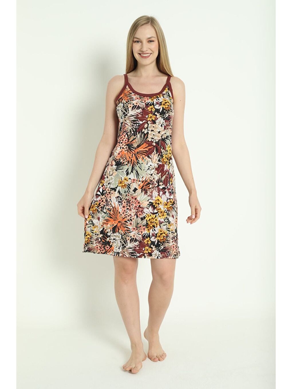 Karışık Desenli Biyeli Askılı %100 Pamuk Yazlık Elbise-4