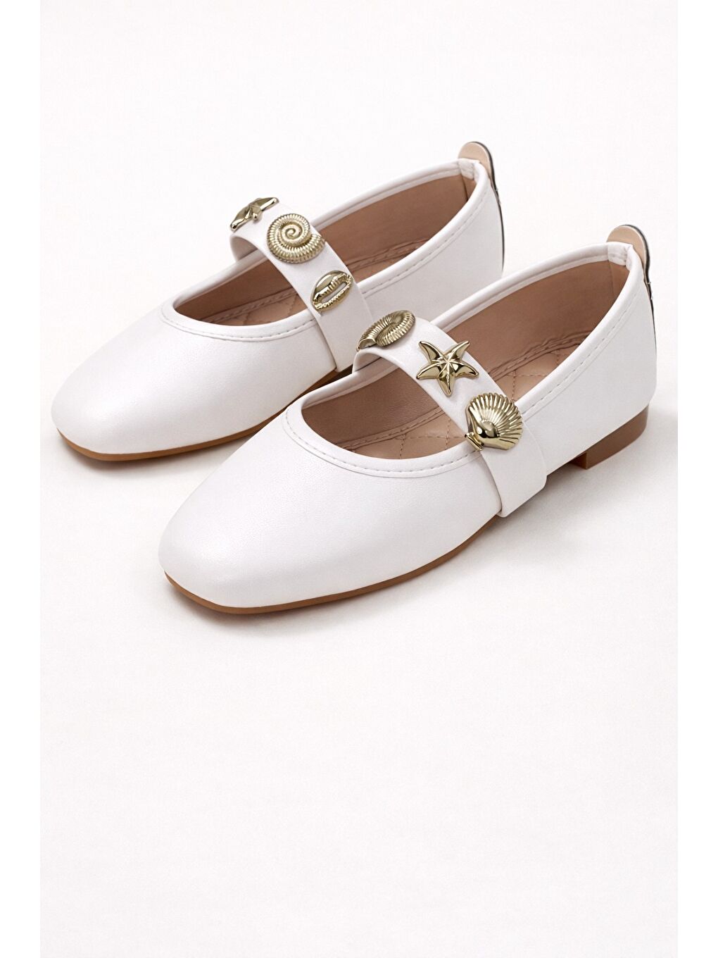 Beyaz STELLA Deniz Kabuğu Kemerli Babet Günlük Kadın Ayakkabı Mary Jane Ev Babeti