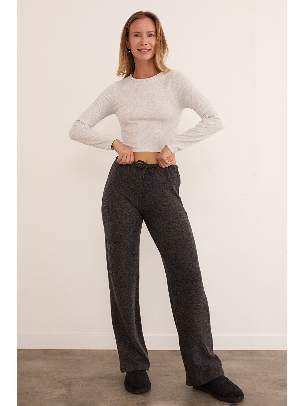 Antrasit Beli Bağlamalı Yumoş Palazzo Pantolon