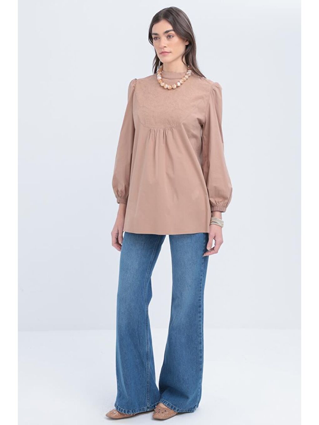 Bej Vizon-Fisto Garnili Kolu Lastikli Poplin Tunik-1