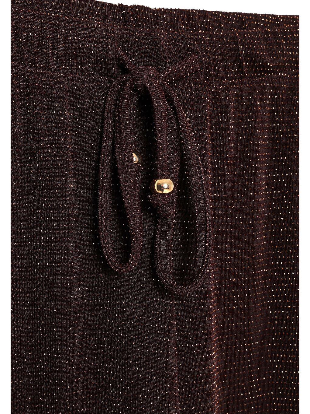 Simli Beli Bağcıklı Bol Paça Pantolon Kahverengi-4