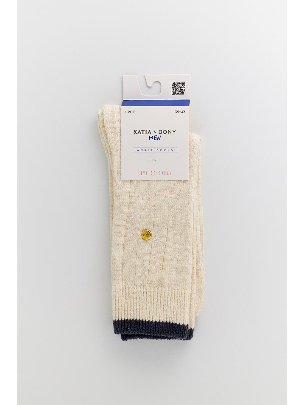 Erkek Zımbalı Ekose Soket Çorap Ekru-Lacivert-2