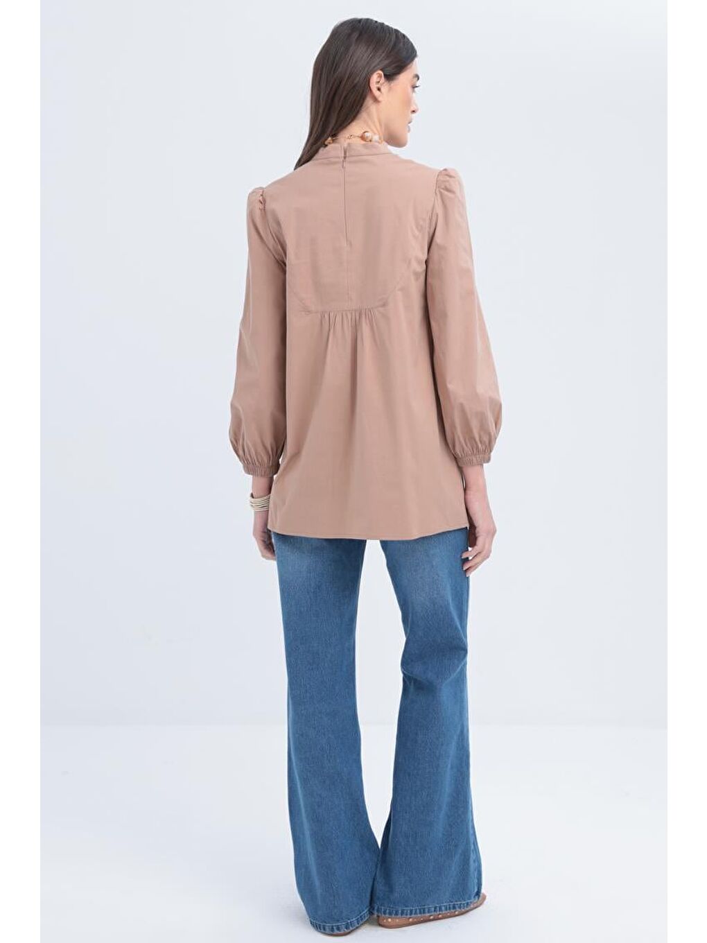 Bej Vizon-Fisto Garnili Kolu Lastikli Poplin Tunik-2