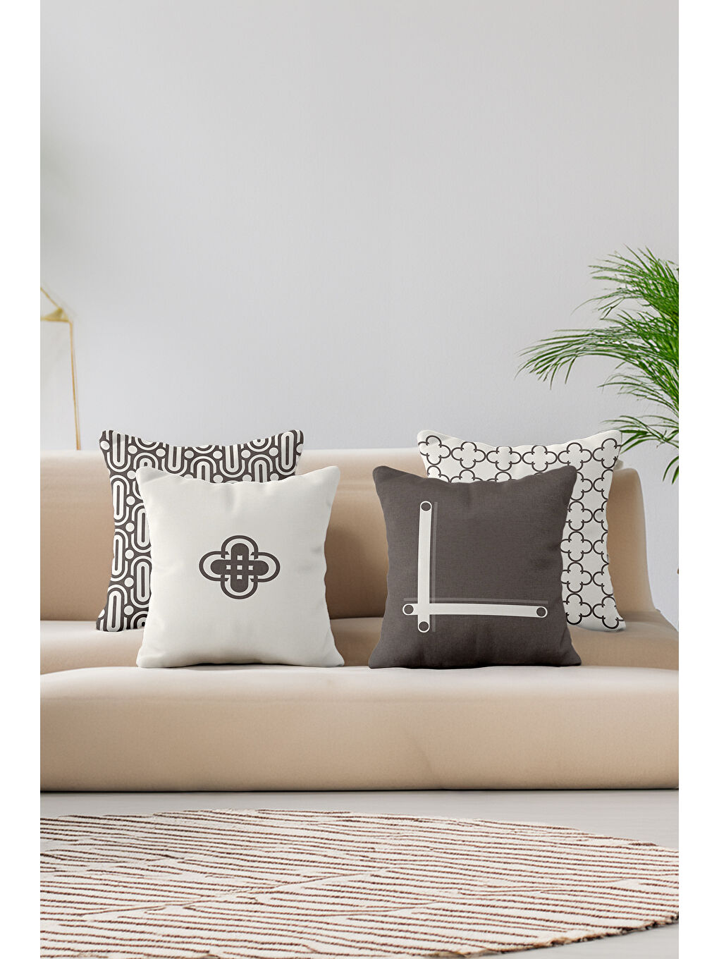 Twist Modern Geometrik Desenli 4’lü Dekoratif Kırlent Kılıfı Seti Bej–Kahve