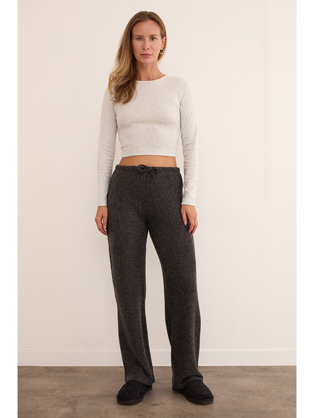 Antrasit Beli Bağlamalı Yumoş Palazzo Pantolon-1