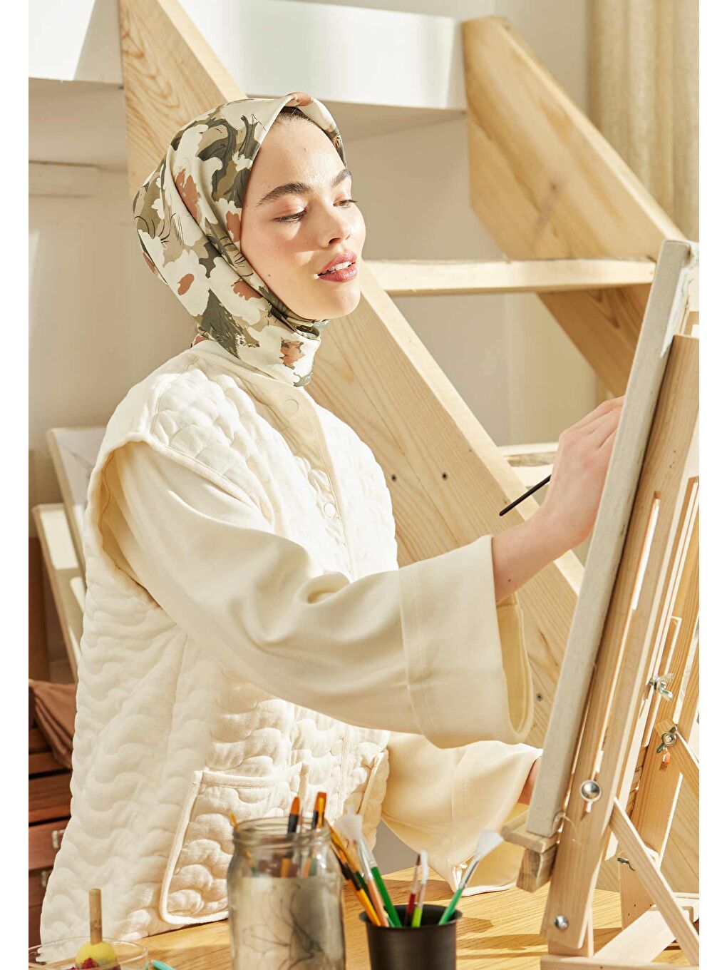 Multı Flower Desen Pamuk İpek Eşarp Haki