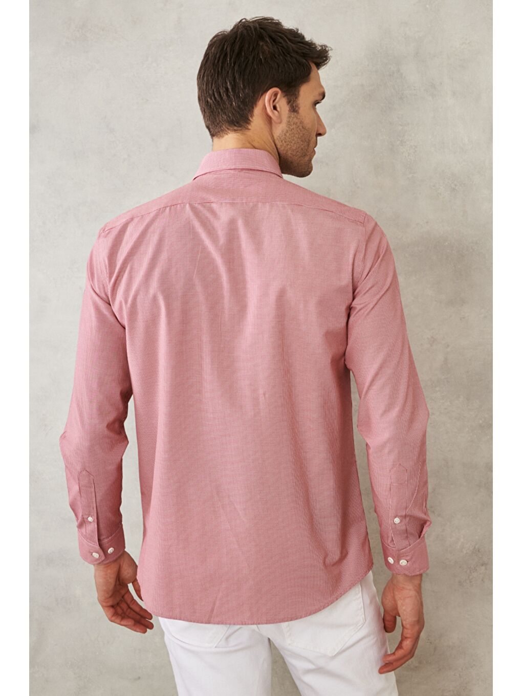 Erkek Kırmızı Slim Fit Dar Kesim Oxford Düğmeli Yaka Pötikareli Pamuklu Gömlek-7