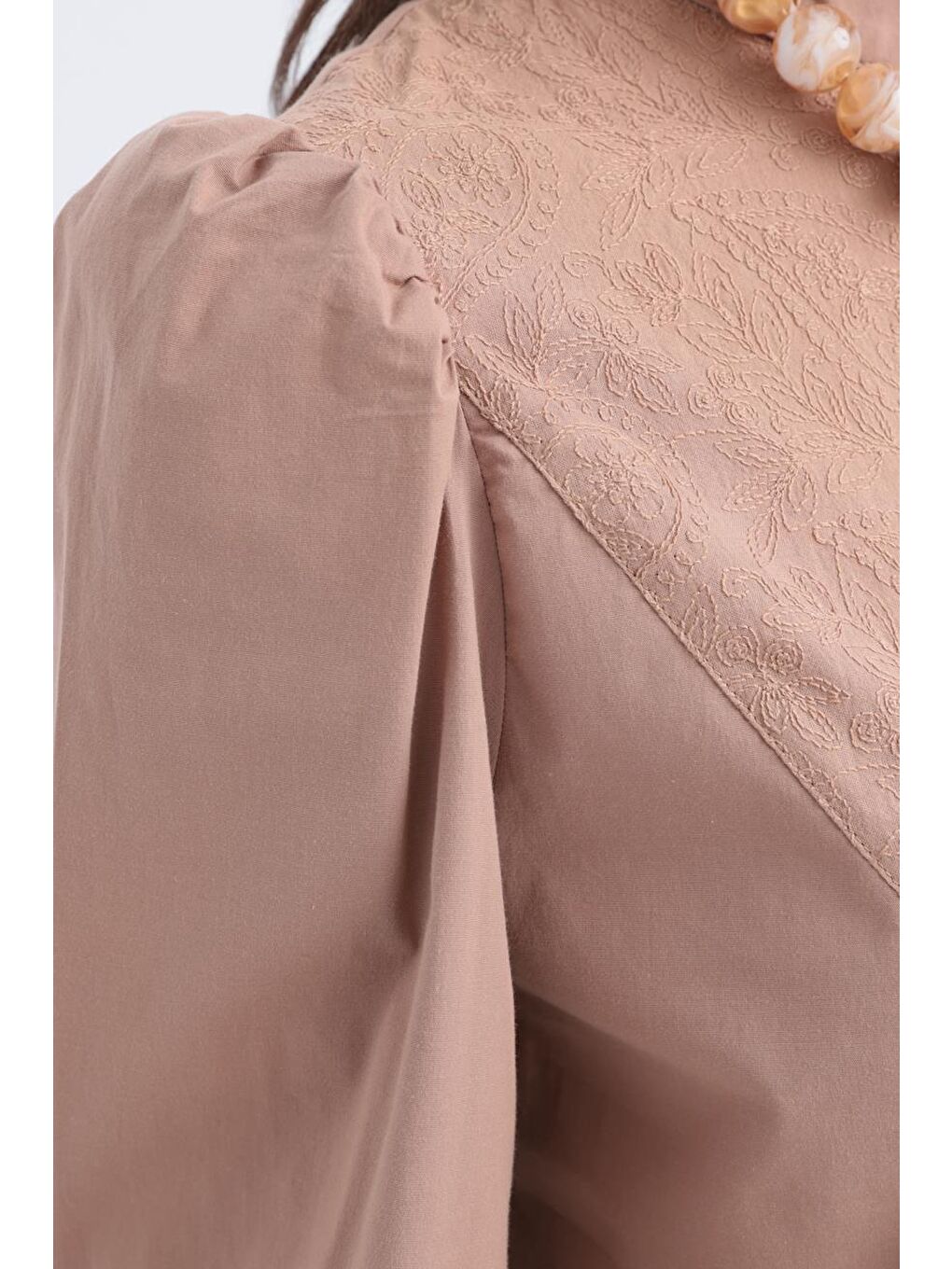 Bej Vizon-Fisto Garnili Kolu Lastikli Poplin Tunik-3