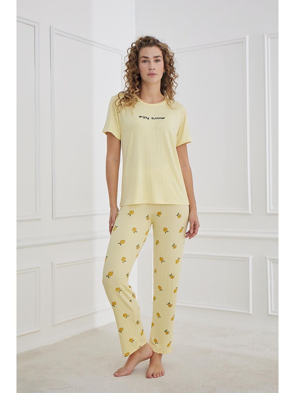 Kadın Limon Desenli Bisiklet Yaka Pijama Takım | Sarı 80601-1238